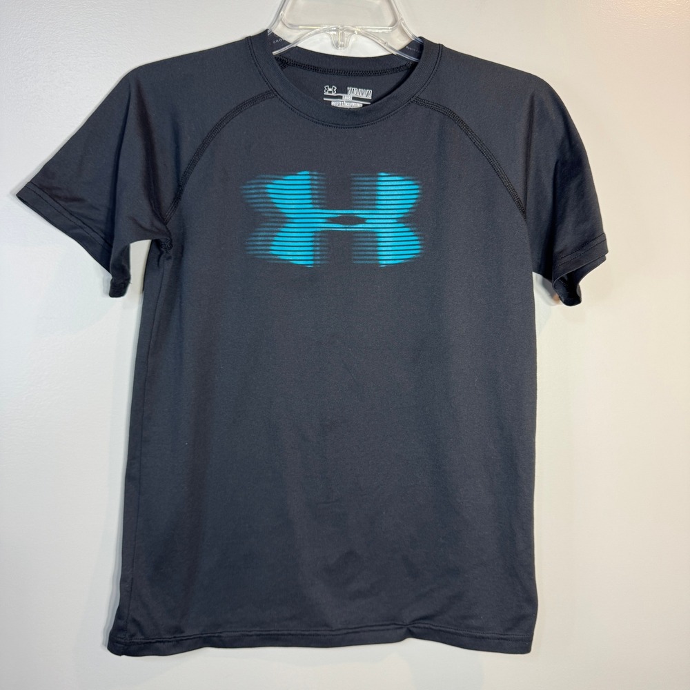 Under Armour Heat Gear Tee Boys Med Black Teal Logo Athletic Short Sleeve Top
